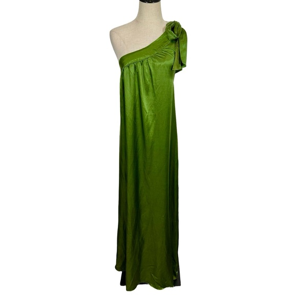 Free People Soa Tie One Shoulder Silky Maxi Dress Gown in Emerald Green - Picture 4 of 11